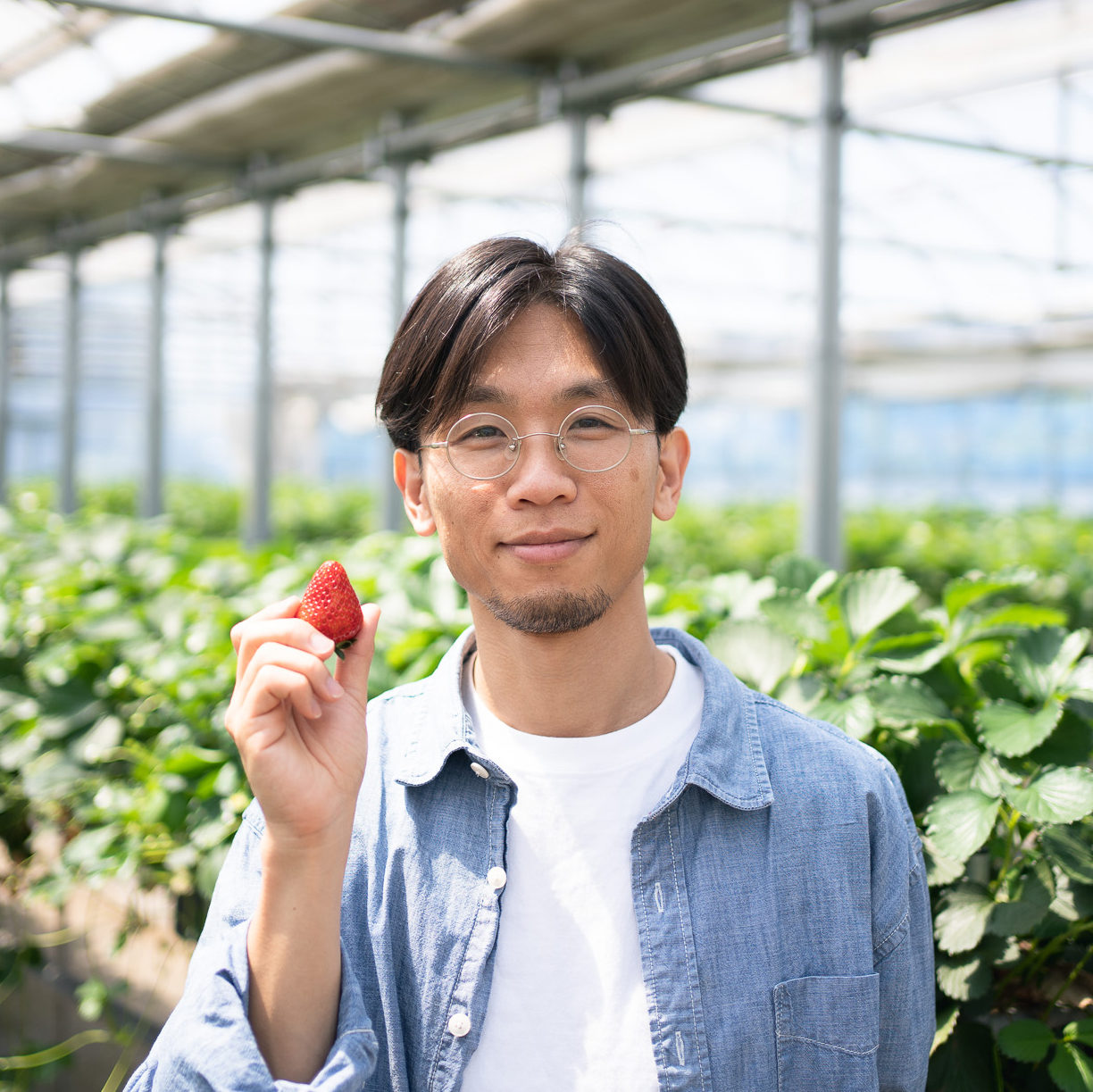 Ken, the owner of Tanakaen, holding a strawberry
